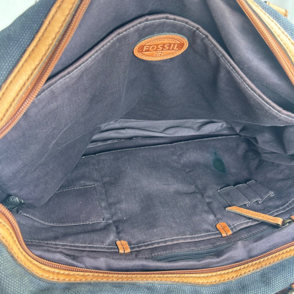 Y2K VTG Fossil Messenger Bag Navy Blue Canvas Leather Laptop Satchel Academia - Picture 10 of 16